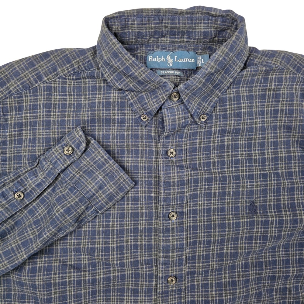 Ralph Lauren Men Classic Fit Plaid Button Down Shirt Long Sleeve Blue Large